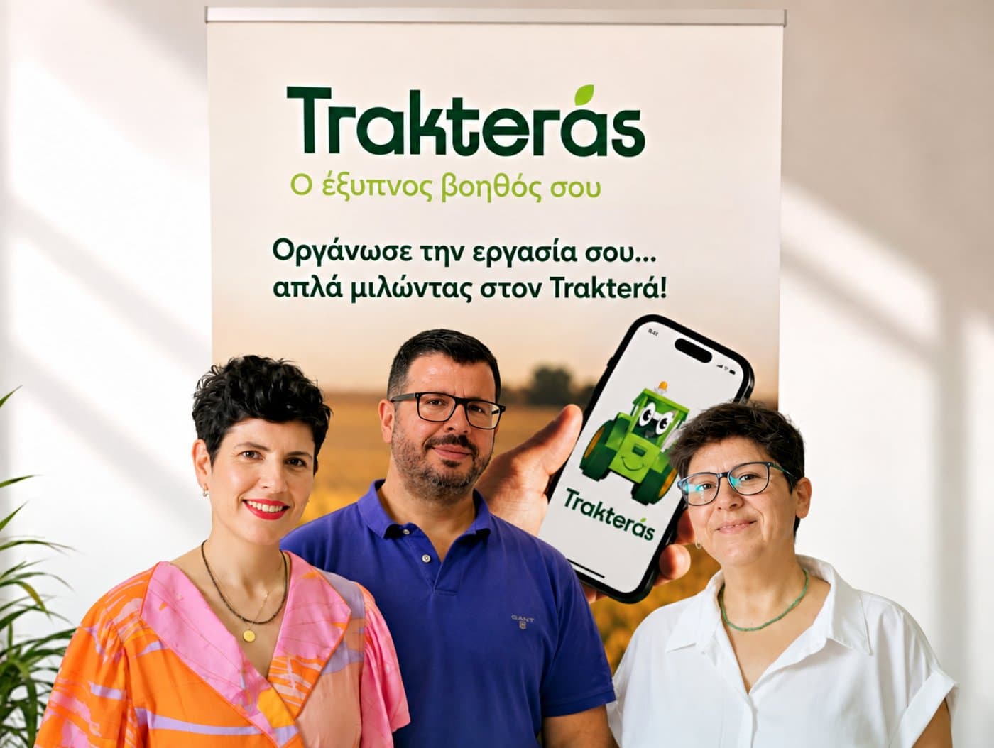 Η ομάδα του Trakterás μπροστά από banner με το λογότυπο, κρατώντας κινητό με την εφαρμογή